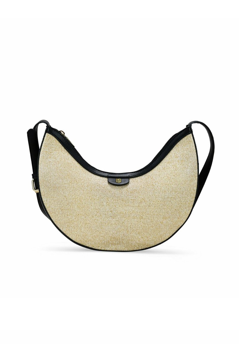Bolso de tela beige con una silueta curva, ribete de cuero negro y correa. Detalle de hardware dorado en el centro. Textura suave.