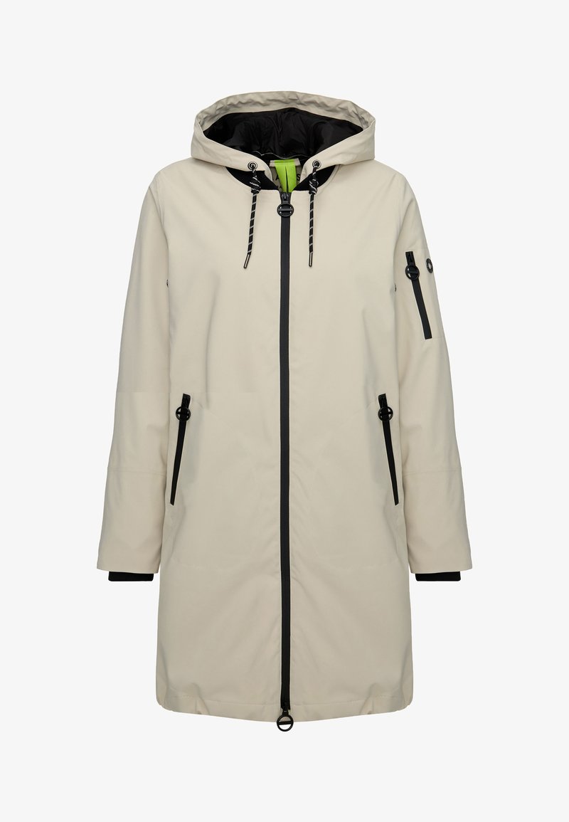 Beige waterdichte parka met zwarte accenten, verstelbare trekkoordcapuchon, vooraan sluiting met rits en zijzakken. Soepele textuur en een ontspannen pasvorm.