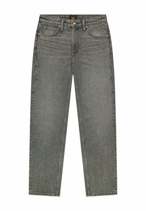 Jeans gris taille haute à jambes droites avec poches avant et arrière, passants pour ceinture, braguette zippée et fermeture par bouton, étiquetés avec la marque Lee.