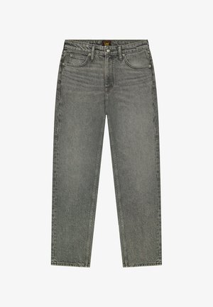 Jeans gris taille haute à jambes droites avec poches avant et arrière, passants pour ceinture, braguette zippée et fermeture par bouton, étiquetés avec la marque Lee.