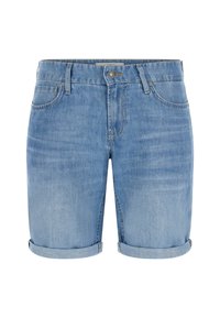 Jeans kratke hlače v svetlo modri barvi z rahlo zbledelim videzom. Imajo zavite manšete, pet žepov in gumbasto zapiranje na sprednji strani.