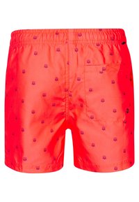 Pantaloni scurți de baie roșii, fabricați dintr-un material ușor, cu un model de soare violet, talie elastică și un buzunar pe spate cu clapetă.