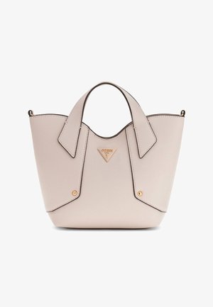 Small light beige leather handbag with two short handles and gold Guess logo plaque on front center.