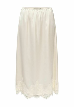 Jupe-culotte en satin couleur crème avec bordure en dentelle au bas et taille élastique, longueur genou, texture lisse.