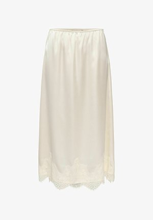 Jupe-culotte en satin couleur crème avec bordure en dentelle au bas et taille élastique, longueur genou, texture lisse.