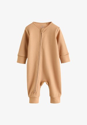 Jasnobrązowy, prążkowany kombinezon z długim rękawem, wysokim kołnierzem i zamkiem błyskawicznym z przodu. Posiada elastyczne mankiety i luźny krój. Miękka tekstura tkaniny.