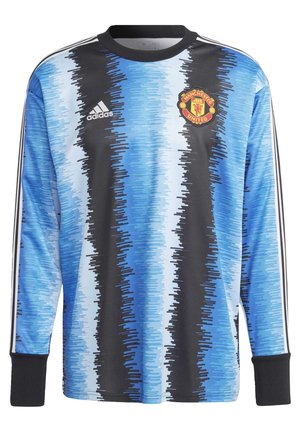 Long-sleeve Manchester United soccer jersey with blue, black, and white vertical stripes and Adidas logo on chest.