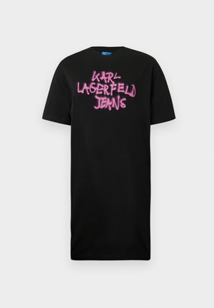 Schwarzes Baumwoll-T-Shirt mit pinkem Graffiti-ähnlichem Text "KARL LAGERFELD JEANS", kurzen Ärmeln und lockerer Passform.