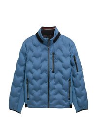 Blauer gepolsterter Mantel mit hohem Kragen, Zickzackmuster, zwei Reißverschlusstaschen und schwarzen Akzenten am Kragen und an den Ärmeln.