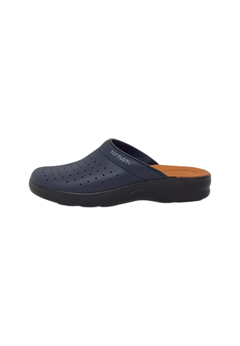 Zoccoli blu navy con parte superiore perforata, soletta imbottita e suola nera. Presenta una texture liscia e un design minimalista.