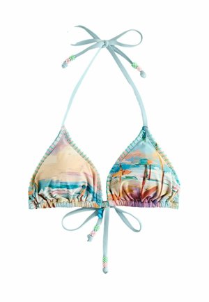 Trojuholníkový vrchný diel bikín s nastaviteľnými modrými ramienkami a vzorom krajiny v technike akvarelu v pastelových odtieňoch modrej, ružovej a oranžovej.