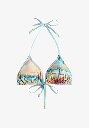 Kolmnurksest bikiini ülaosa reguleeritavate siniste rihmadega ja akvarellmaali maastiku mustriga pastelltoonides sinist, roosat ja oranži.