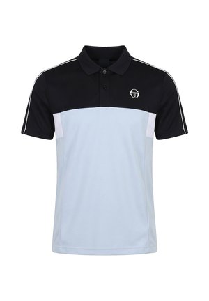 Miesten lyhythihainen poolopaita, jossa on musta yläosa, vaaleansininen alaosa, valkoiset sivukorostukset ja pieni pyöreä logo rinnassa.