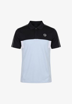 Miesten lyhythihainen poolopaita, jossa on musta yläosa, vaaleansininen alaosa, valkoiset sivukorostukset ja pieni pyöreä logo rinnassa.