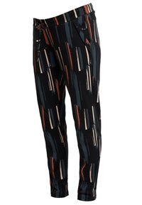 Černé kalhoty s multikulturním abstraktním vertikálním pruhovaným vzorem v odstínech modré, hnědé a krémové. Mají elastický pas a šňůrku na stažení.