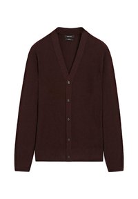Cardigan bordeaux a coste con scollo a V, maniche lunghe, chiusura monopetto e sei bottoni neri. Tessuto morbido e design aderente.