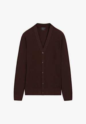 Bordeaux geribbelde cardigan met een V-hals, lange mouwen, enkelvoudige knoopsluiting en zes zwarte knopen. Zachte textuur en een aansluitend ontwerp.
