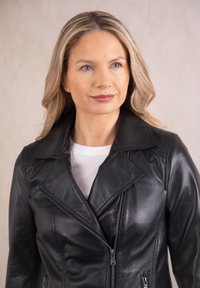 Black leather jacket with a notched collar, asymmetric front zipper, and side pockets. Smooth texture and fitted design.