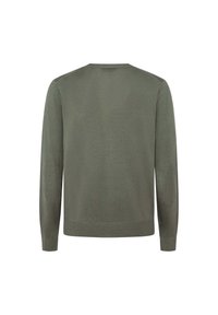 Pull olive green à manches longues avec un col rond, des bords côtelés aux poignets et à l'ourlet, mettant en avant des coudières texturées pour un détail supplémentaire.