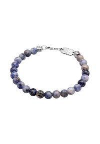 Beaded bracelet featuring spherical stones in various shades of blue and gray, with a silver clasp and accent beads.