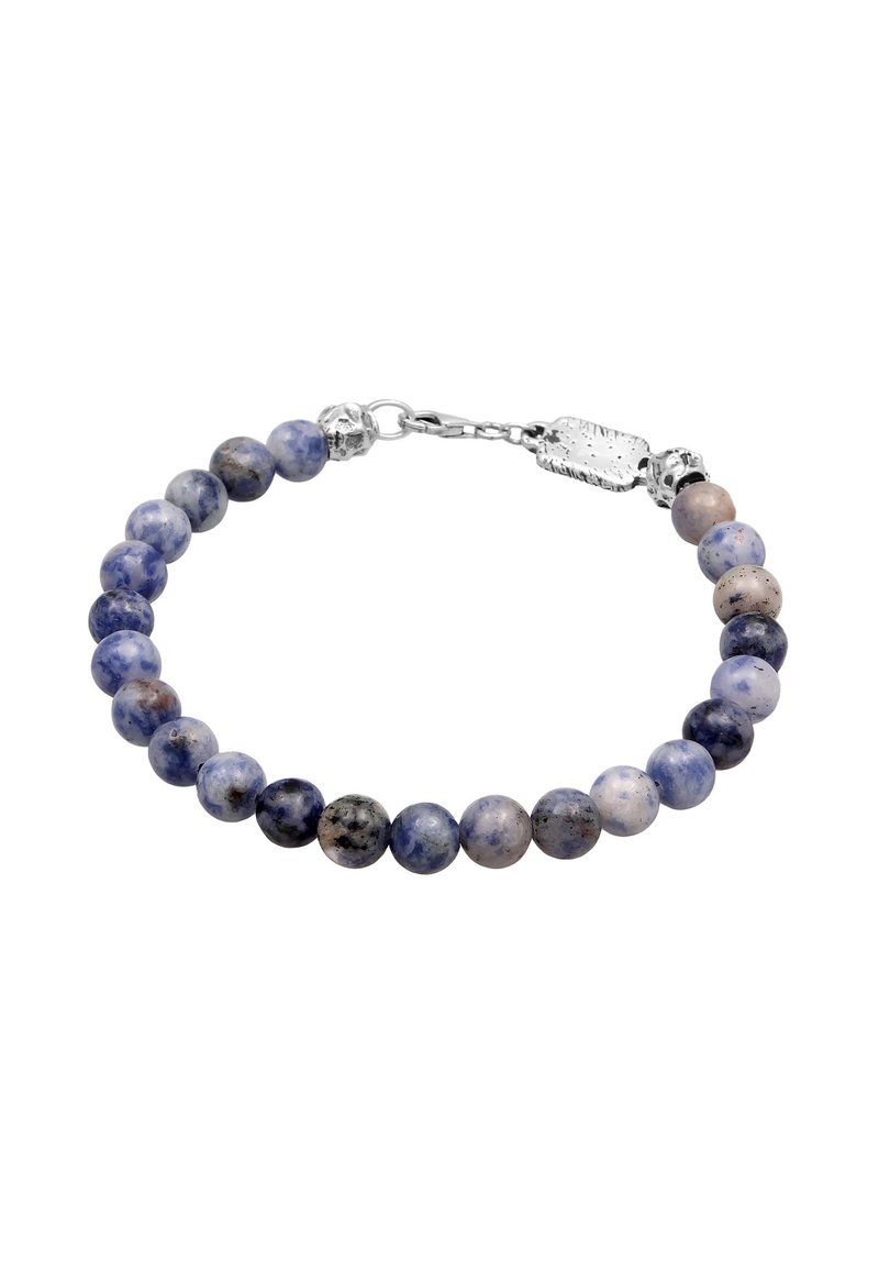 Beaded bracelet featuring spherical stones in various shades of blue and gray, with a silver clasp and accent beads.
