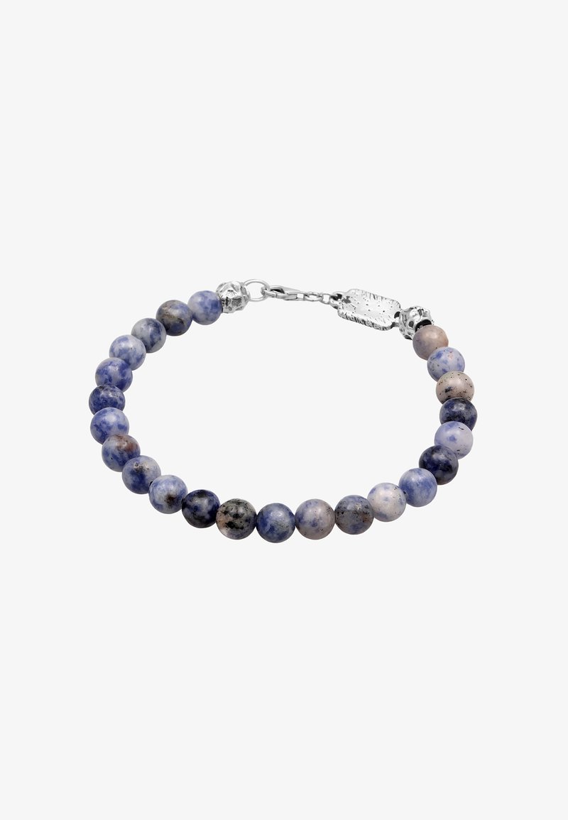 Beaded bracelet featuring spherical stones in various shades of blue and gray, with a silver clasp and accent beads.