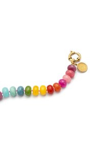 Multicolored beaded bracelet featuring round, glossy beads in shades of blue, green, yellow, red, and pink, with a gold-tone clasp and charm.