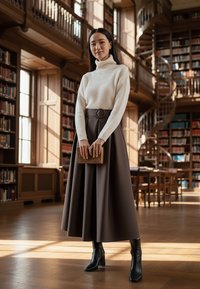 Biały prążkowany golf, brązowa spódnica w kształcie litery A z okrągłym paskiem oraz czarne botki za kostkę. Tekstura jest gładka, a wzór elegancki.