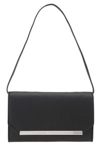 Schwarze Clutch aus strukturiertem synthetischem Material, mit silbernem metallic Akzent und einem langen Schulterriemen. Gefaltetes Design mit magnetischem Verschluss.
