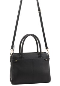 Sac à main en cuir noir avec deux poignes et une bandoulière amovible. Présente une surface texturée, des accessoires en or et un design structuré.