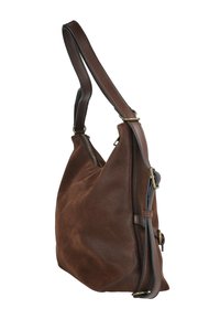 Bolso de hombro de cuero marrón con textura suave, forma blanda y una sola correa ajustable. Cuenta con herrajes y cremallera de color dorado.