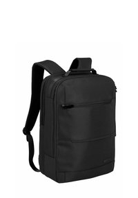 Schwarzer Rucksack mit rechteckiger Form, aus strukturiertem Stoff, ausgestattet mit zwei Reißverschlusstaschen und gepolsterten, verstellbaren Trägern.