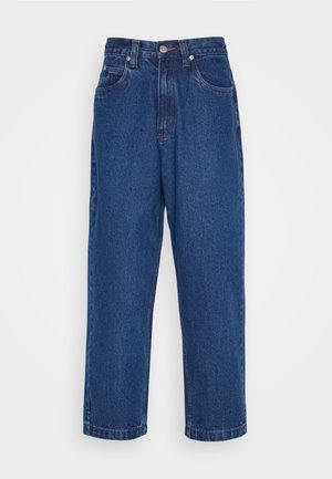 Dark blue denim jeans with a high waist, straight leg design, five pockets, and a metal button closure at the front.
