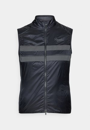 Gilet de cyclisme léger noir avec col haut, fermeture éclair à l'avant et bandes réfléchissantes grises sur la poitrine. Fabriqué en tissu brillant et lisse.