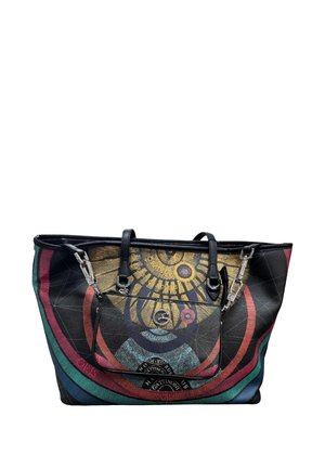 Borsa tote nera con disegno di cerchi concentrici colorati e raggiera dorata, dotata di tasca frontale con cerniera e doppi manici con fibbie argentate.