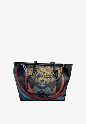 Borsa tote nera con disegno di cerchi concentrici colorati e raggiera dorata, dotata di tasca frontale con cerniera e doppi manici con fibbie argentate.
