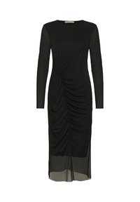 Black long-sleeve dress featuring a ruched design on the front, with a sheer lower section and a round neckline. Smooth, stretchy fabric.