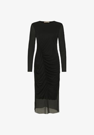 Svart långärmad klänning med en rynkad design fram, med en genomskinlig nedre del och rund halsringning. Slätt, stretchigt tyg.