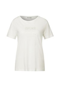 T-shirt en coton blanc à manches courtes, avec un col rond et un texte brodé sur le devant dans une teinte légèrement plus foncée.