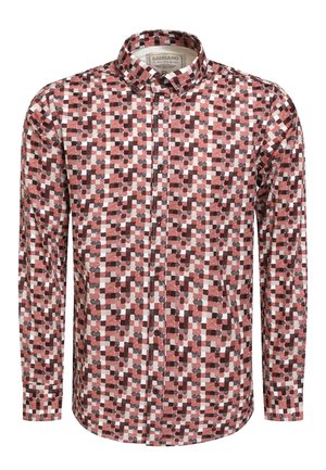 Skjorte med lange ærmer og knapper med geometrisk mønster i nuancer af rød, pink, sort og hvid, med klassisk krave.