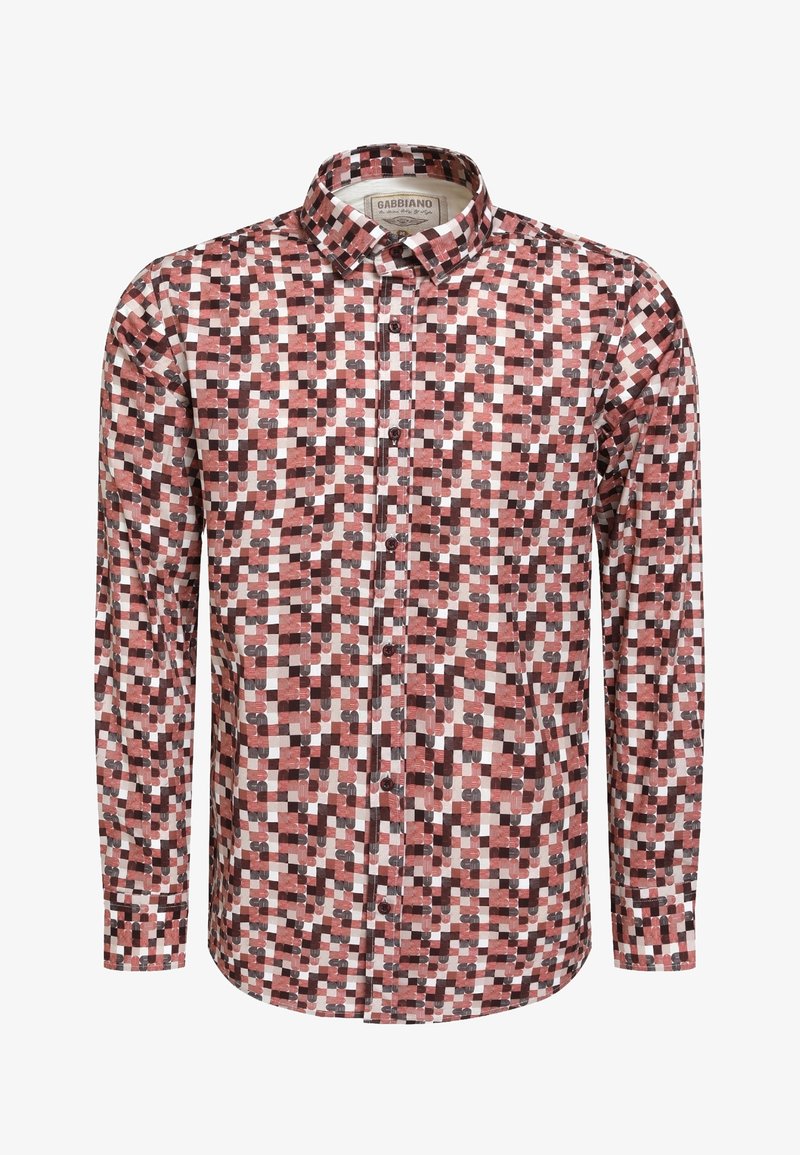 Chemise à manches longues boutonnée avec un motif géométrique dans des nuances de rouge, rose, noir et blanc, avec un col classique.