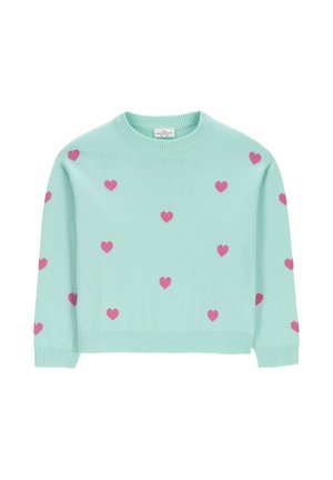 Jasnoniebieski sweter z długim rękawem i okrągłym dekoltem, ozdobiony rozproszonymi małymi różowymi sercami na przodzie, rękawach i plecach.