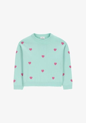 Jasnoniebieski sweter z długim rękawem i okrągłym dekoltem, ozdobiony rozproszonymi małymi różowymi sercami na przodzie, rękawach i plecach.