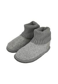 Grijze gevoerde slippers met gebreide enkelboorden, met een gladde textuur en een afgerond teenontwerp, dat een gezellige uitstraling biedt.