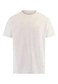 Camiseta de algodón blanca con cuello redondo, mangas cortas y un pequeño logo en relieve en el lado superior izquierdo del frente.