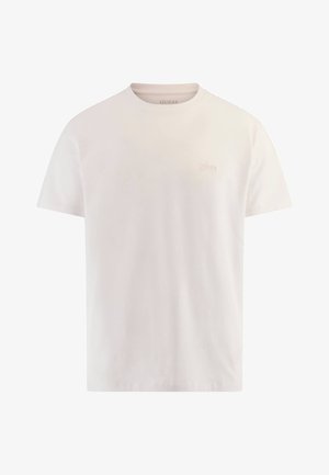 Balta kokvilnas T-kreklu ar apaļu kakla izgriezumu, īsām piedurknēm un mazu izspiestu logotipu augšējā kreisajā stūrī.