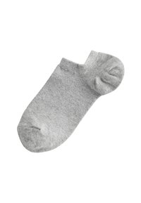 Graue Knöchelsocke aus weichem Strickmaterial, mit abgerundeter Zehenpartie und geripptem Bündchen. Glatte Textur und gleichmäßige, einfarbige Oberfläche.