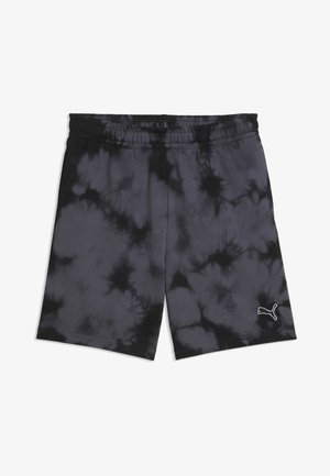 Sort og mørkegrå tie-dye shorts med elastisk taljebånd og lille Puma-logo på venstre ben nederst.