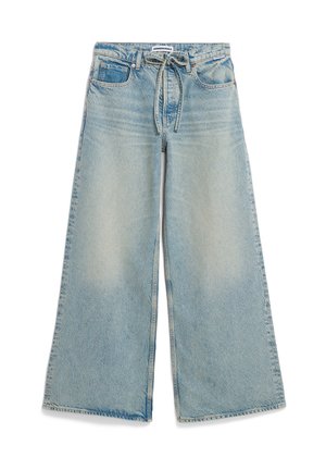 Lichtblauwe wijd uitlopende jeans met een verweerde finish, een tailleband met trekkoord, vijf zakken en versterkte naden langs de zoom.
