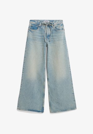 Lichtblauwe wijd uitlopende jeans met een verweerde finish, een tailleband met trekkoord, vijf zakken en versterkte naden langs de zoom.